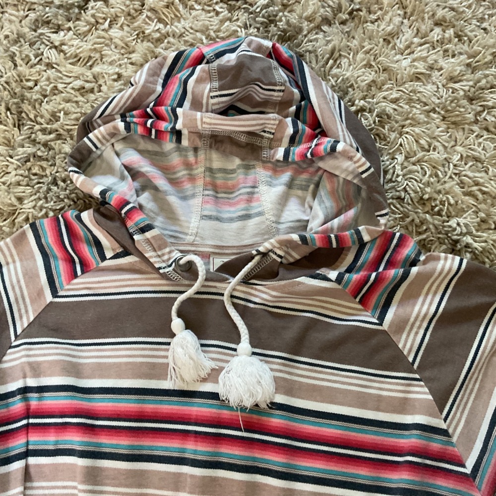 Ariat Womens Serape Stripe Lightweight Hoodie Tassel Drawstring Top Brown Pink L - Picture 7 of 14